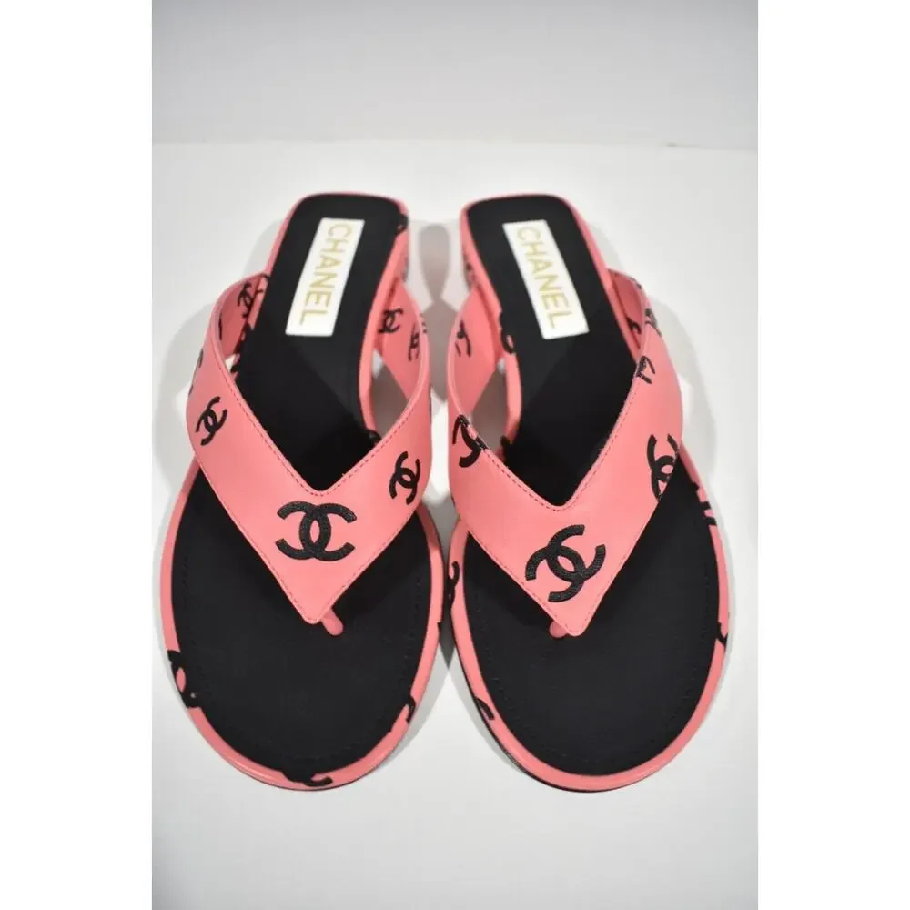 Chanel 22S Pink Black Printed Lambskin CC Logo Thong Flat Flip Flop Sandal 37 - Picture 8 of 12